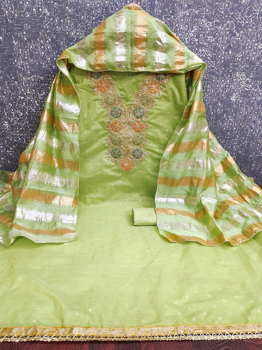 Stylish Green Butti Woven Chanderi Silk Dress Material With Sequins & Cording Embroidered Work - Image 4
