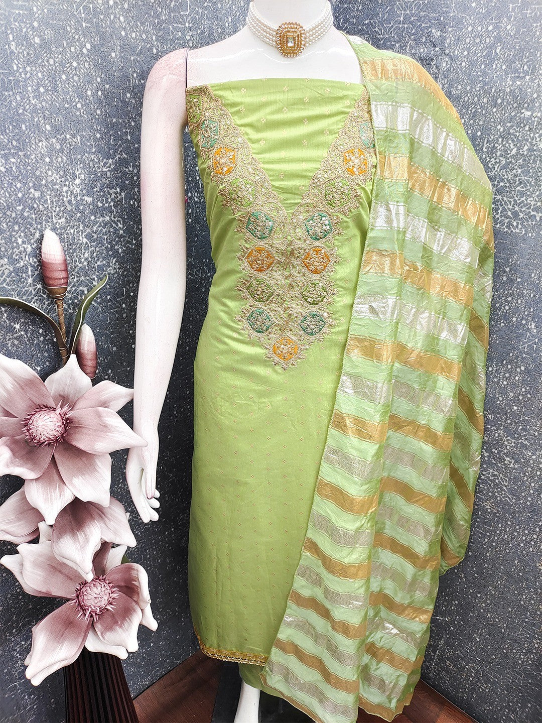 Stylish Green Butti Woven Chanderi Silk Dress Material With Sequins & Cording Embroidered Work - Image 5