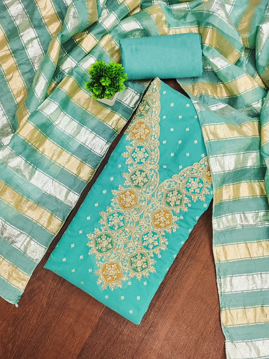 Stylish Turquoise Butti Woven Chanderi Silk Dress Material With Sequins & Cording Embroidered Work - Image 4