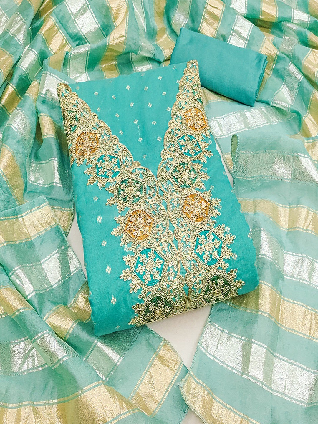 Stylish Turquoise Butti Woven Chanderi Silk Dress Material With Sequins & Cording Embroidered Work - Image 1