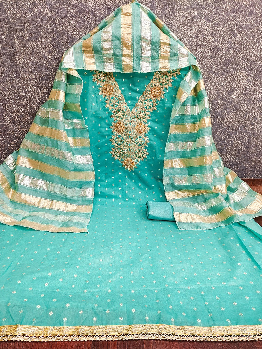 Stylish Turquoise Butti Woven Chanderi Silk Dress Material With Sequins & Cording Embroidered Work - Image 3