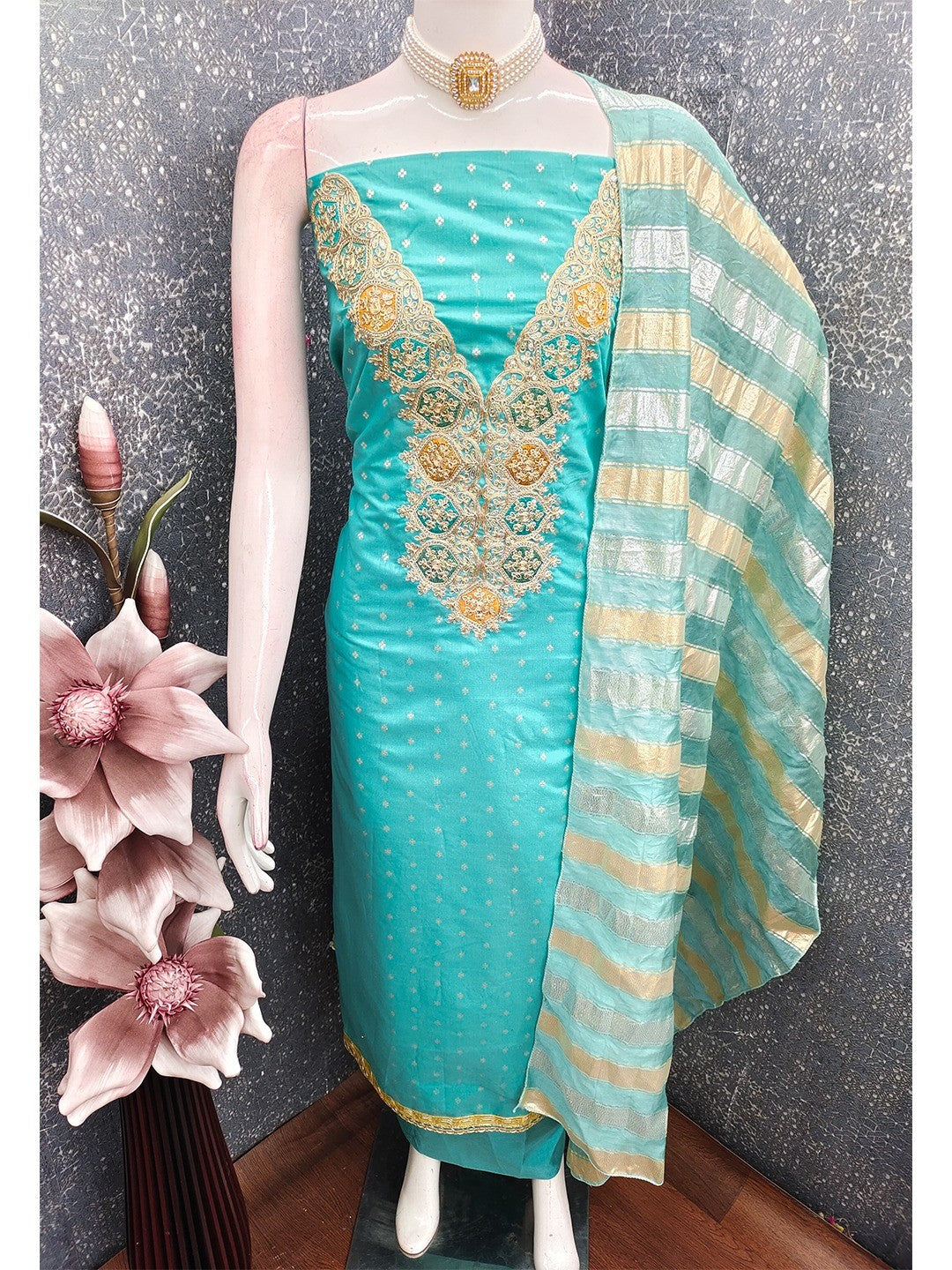 Stylish Turquoise Butti Woven Chanderi Silk Dress Material With Sequins & Cording Embroidered Work - Image 5