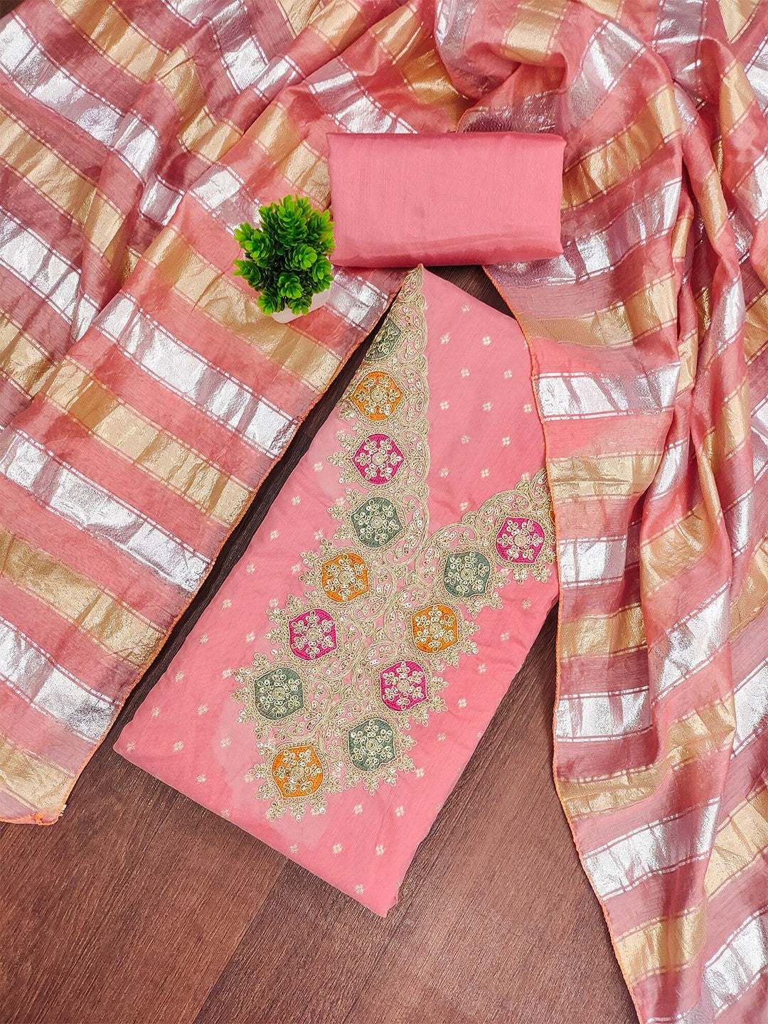 Stylish Pink Butti Woven Chanderi Silk Dress Material With Sequins & Cording Embroidered Work - Image 4