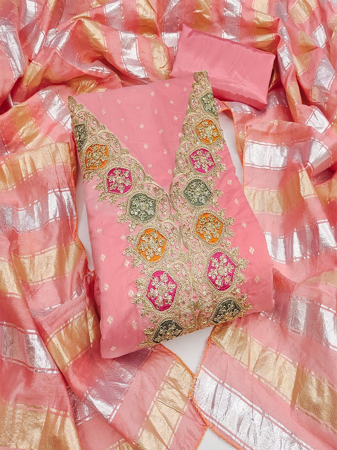 Stylish Pink Butti Woven Chanderi Silk Dress Material With Sequins & Cording Embroidered Work - Image 1