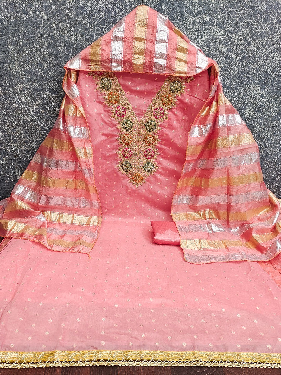 Stylish Pink Butti Woven Chanderi Silk Dress Material With Sequins & Cording Embroidered Work - Image 3