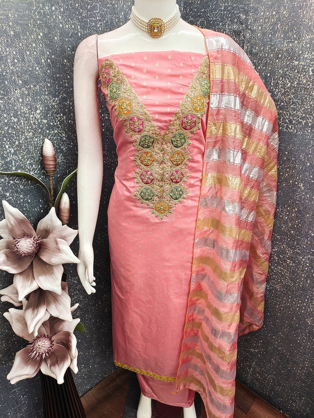 Stylish Pink Butti Woven Chanderi Silk Dress Material With Sequins & Cording Embroidered Work - Image 5
