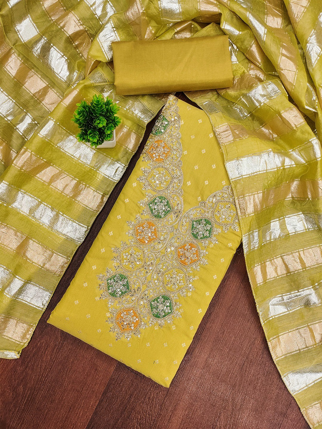 Stylish Lemon Yellow Butti Woven Chanderi Silk Dress Material With Sequin & Cording Embroidered Work - Image 3