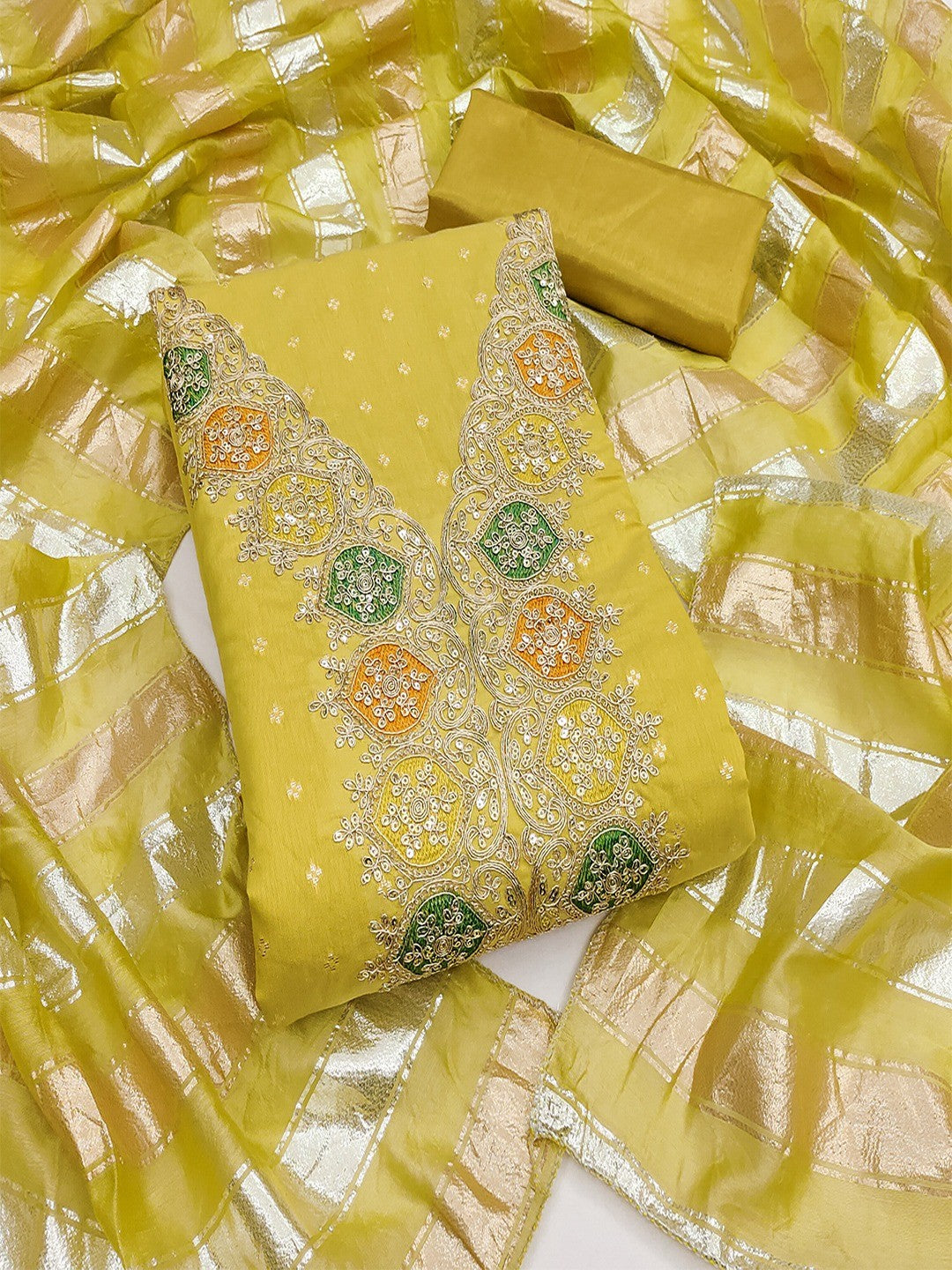 Stylish Lemon Yellow Butti Woven Chanderi Silk Dress Material With Sequin & Cording Embroidered Work - Image 5