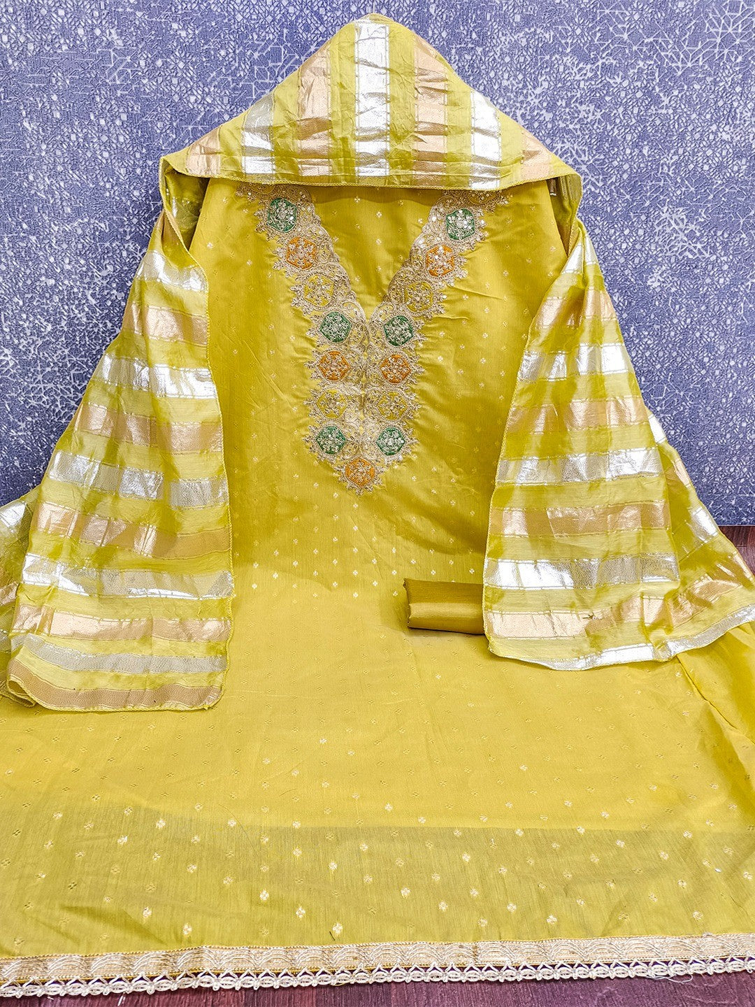 Stylish Lemon Yellow Butti Woven Chanderi Silk Dress Material With Sequin & Cording Embroidered Work - Image 3