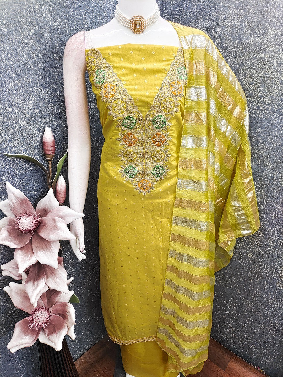 Stylish Lemon Yellow Butti Woven Chanderi Silk Dress Material With Sequin & Cording Embroidered Work - Image 5