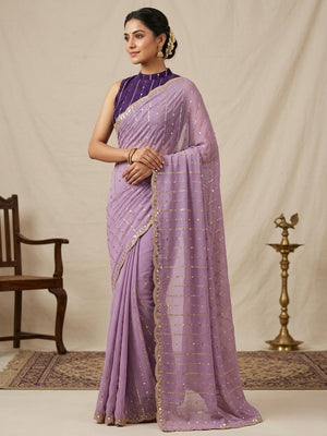 Stylish Lavender Stripe Pattern Georgette Saree With Shimmering Sequins Embroidery Work - Image 1