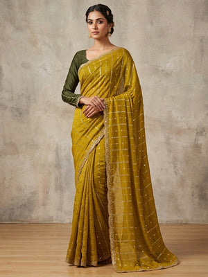 Stylish Mustard Stripe Pattern Georgette Saree With Shimmering Sequins Embroidery Work - Image 1