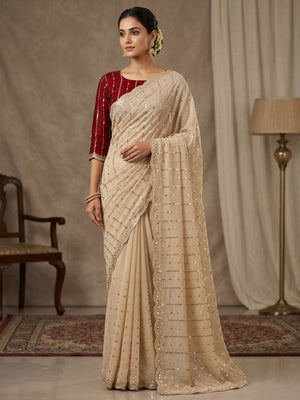 Stylish Offwhite Stripe Pattern Georgette Saree With Shimmering Sequins Embroidery Work - Image 1