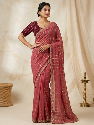 Stylish Dusty Rose Pink Stripe Pattern Georgette Saree With Shimmering Sequins Embroidery Work - Image 1