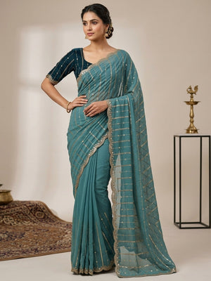 Stylish Teal Blue Stripe Pattern Georgette Saree With Shimmering Sequins Embroidery Work - Image 1