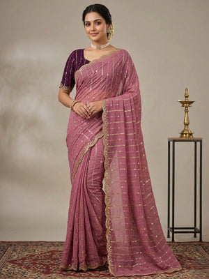 Stylish Wine Stripe Pattern Georgette Saree With Shimmering Sequins Embroidery Work - Image 1