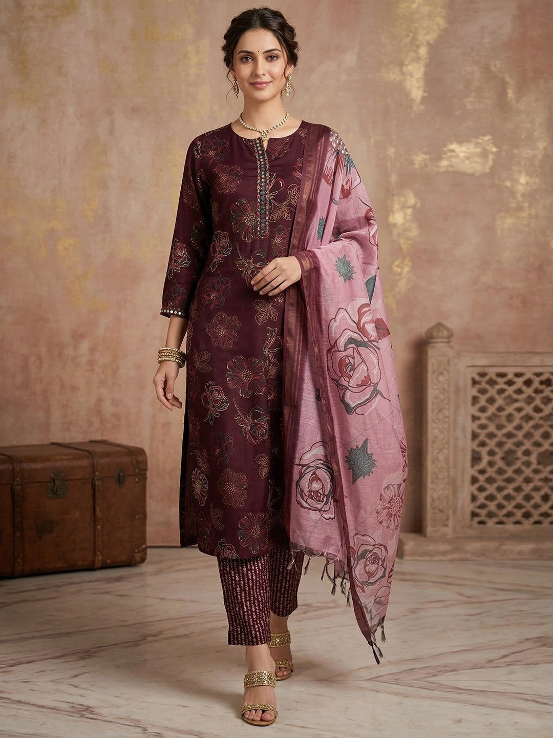 Wine Floral Printed Rayon Salwar Suit with Dupatta - Image 1