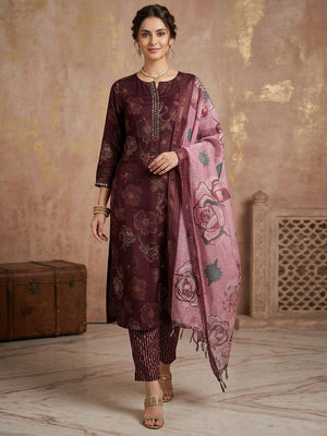 Wine Floral Printed Rayon Salwar Suit with Dupatta - Image 1