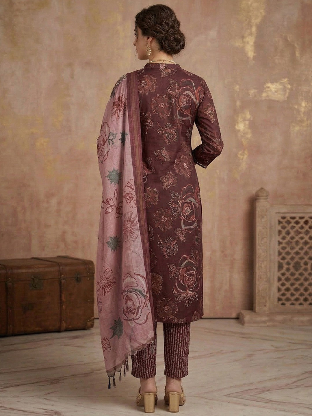 Wine Floral Printed Rayon Salwar Suit with Dupatta - Image 4