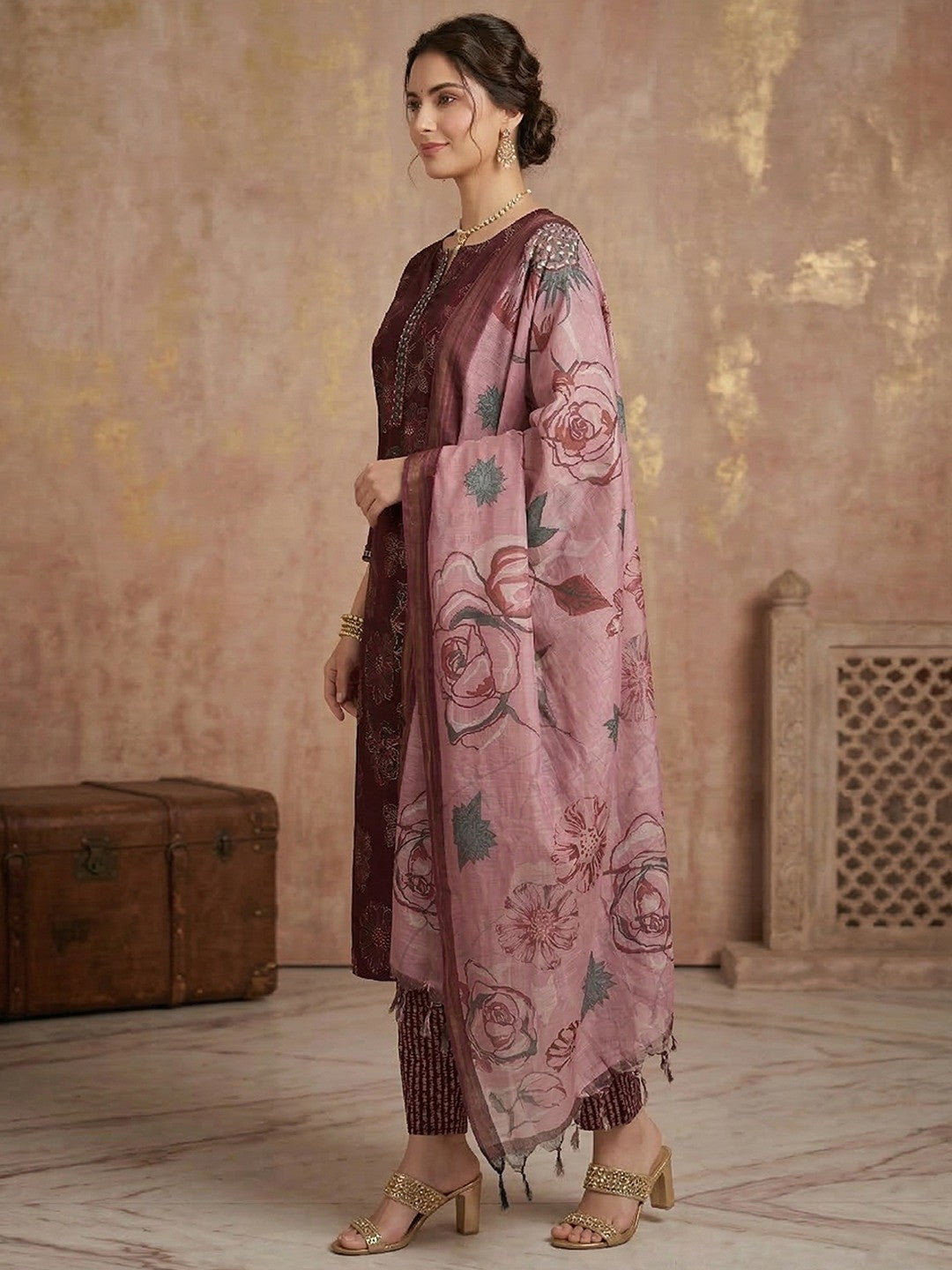 Wine Floral Printed Rayon Salwar Suit with Dupatta - Image 2
