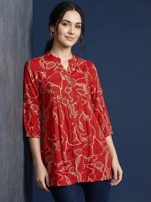 Rust Rayon Top with Abstract Print and Mandarin Collar - Image 1