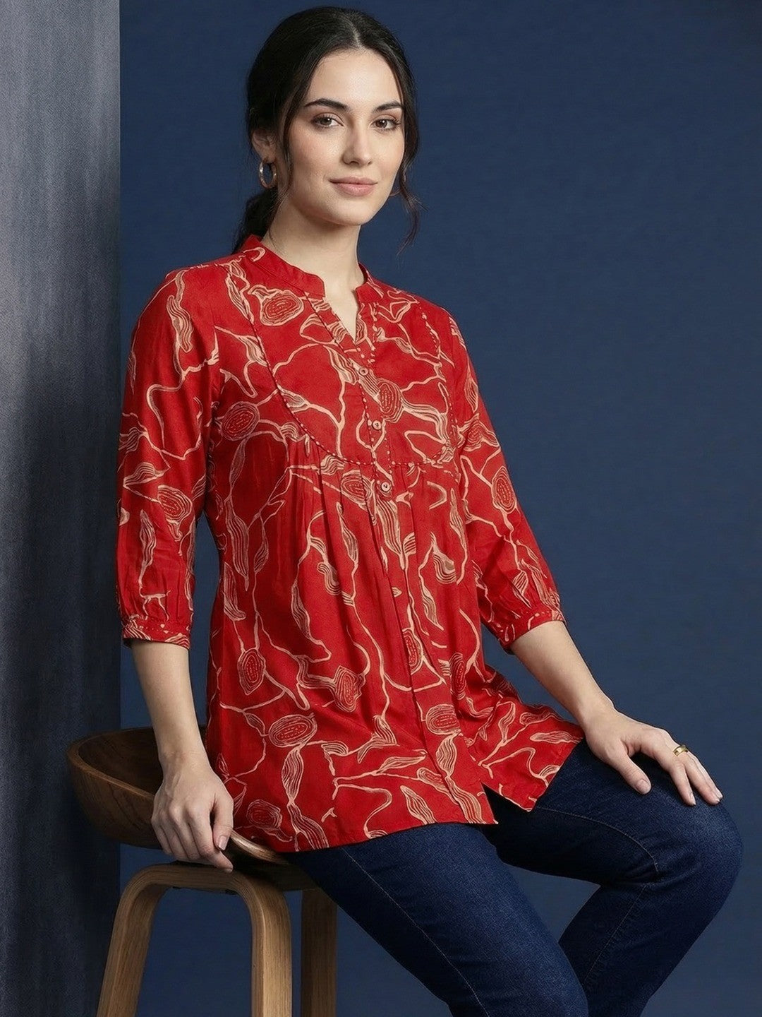 Rust Rayon Top with Abstract Print and Mandarin Collar - Image 4