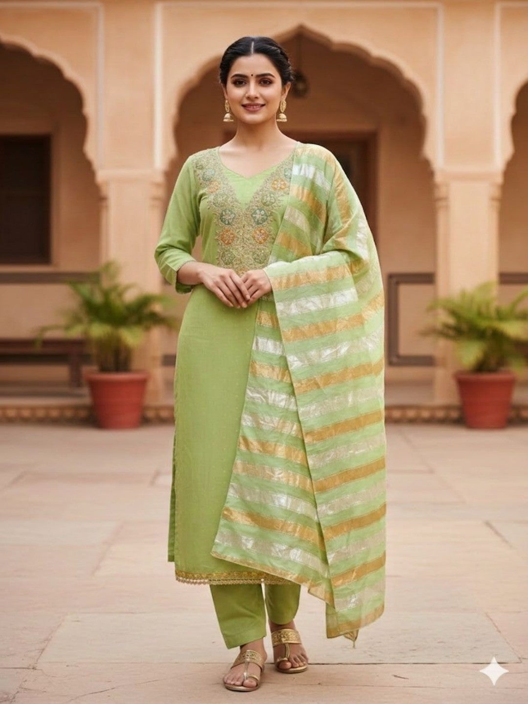 Stylish Green Butti Woven Chanderi Silk Dress Material With Sequins & Cording Embroidered Work - Image 2