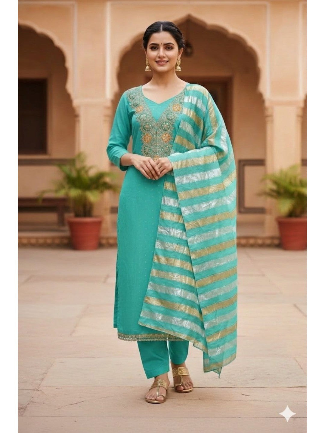 Stylish Turquoise Butti Woven Chanderi Silk Dress Material With Sequins & Cording Embroidered Work - Image 2