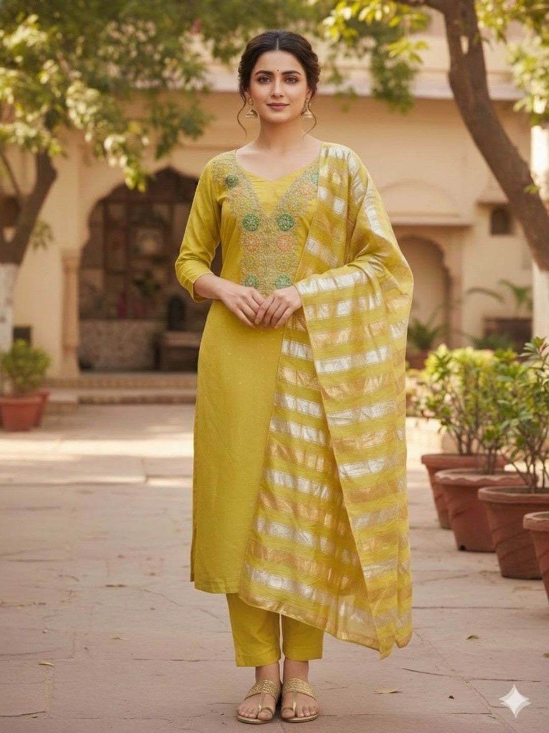 Stylish Lemon Yellow Butti Woven Chanderi Silk Dress Material With Sequin & Cording Embroidered Work - Image 2