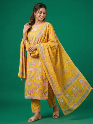Yellow Floral Printed Cotton Salwar Suit with Dupatta - Image 1