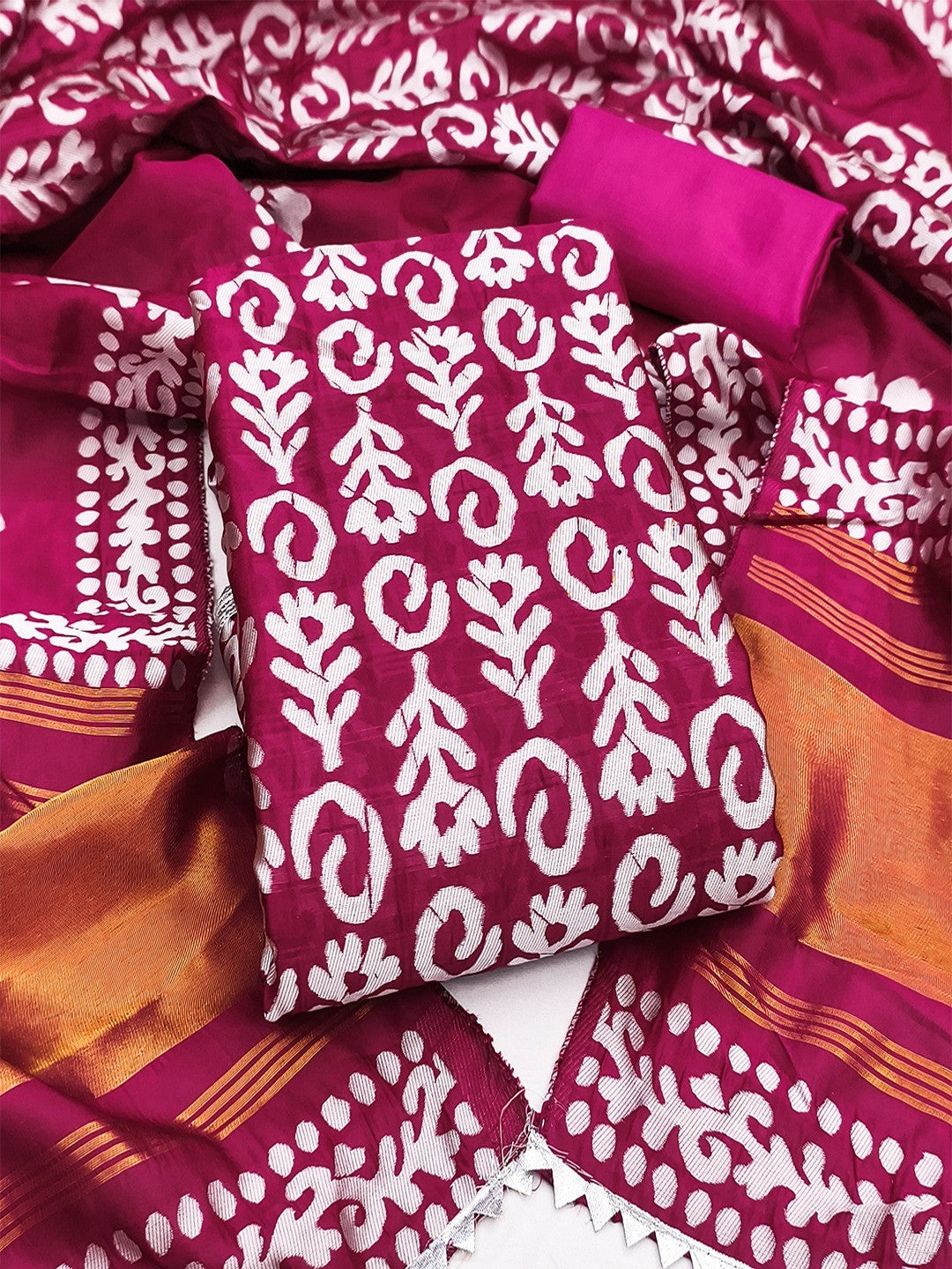 Designer Magenta Floral Zari Woven Jacquard Dress Material With Classic Ethnic Appeal - Image 1