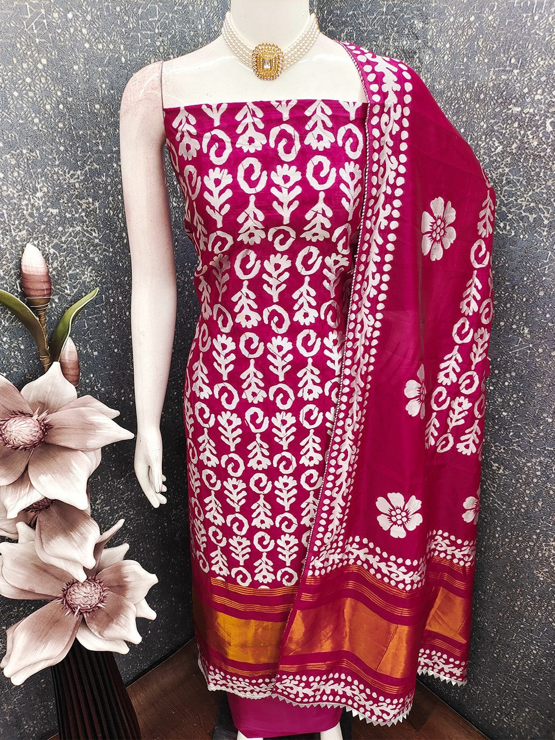 Designer Magenta Floral Zari Woven Jacquard Dress Material With Classic Ethnic Appeal - Image 5
