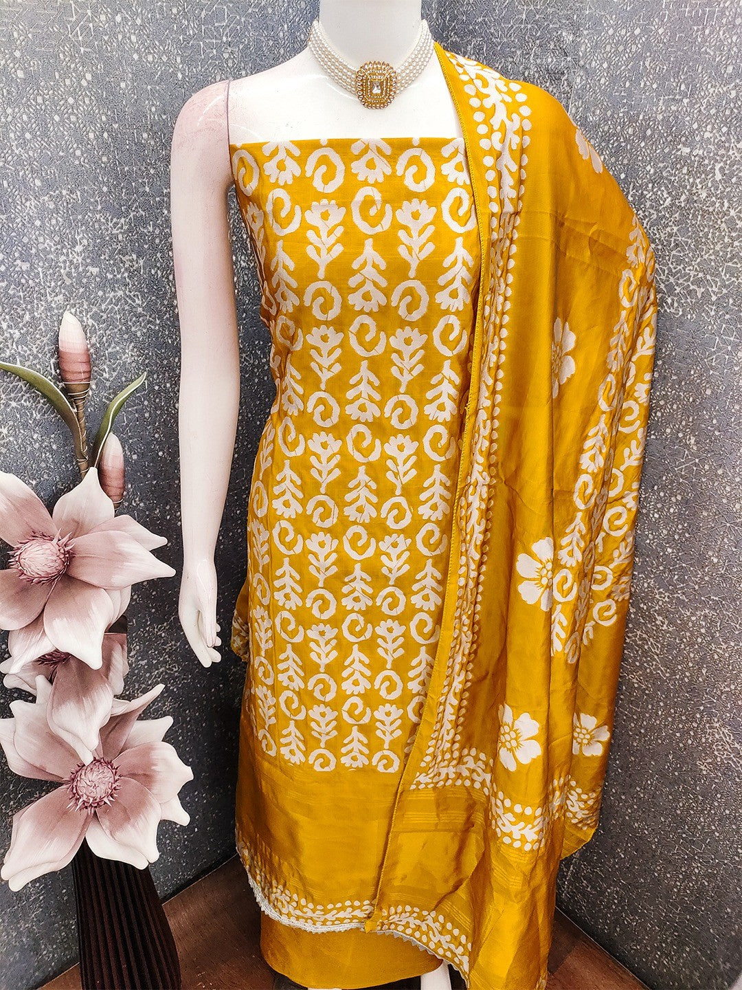 Designer Mustard Floral Zari Woven Jacquard Dress Material With Classic Ethnic Appeal - Image 2