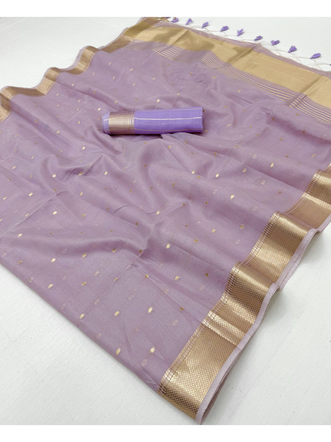 Lavender Tissue Saree with Golden Woven Border and Polka Dot Design - Image 2