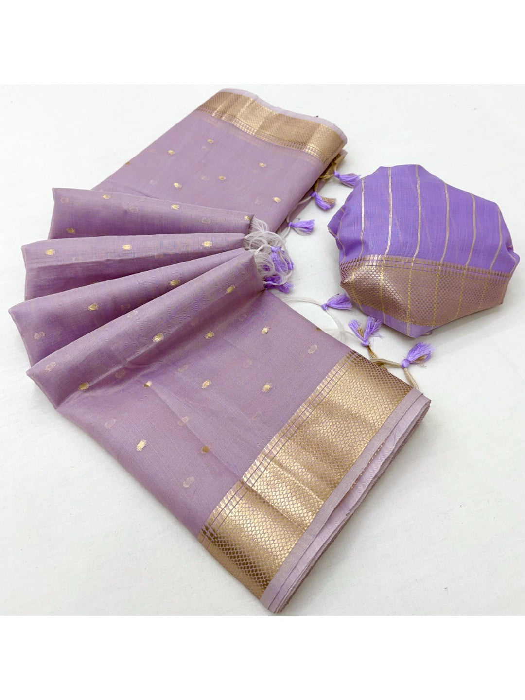 Lavender Tissue Saree with Golden Woven Border and Polka Dot Design - Image 3