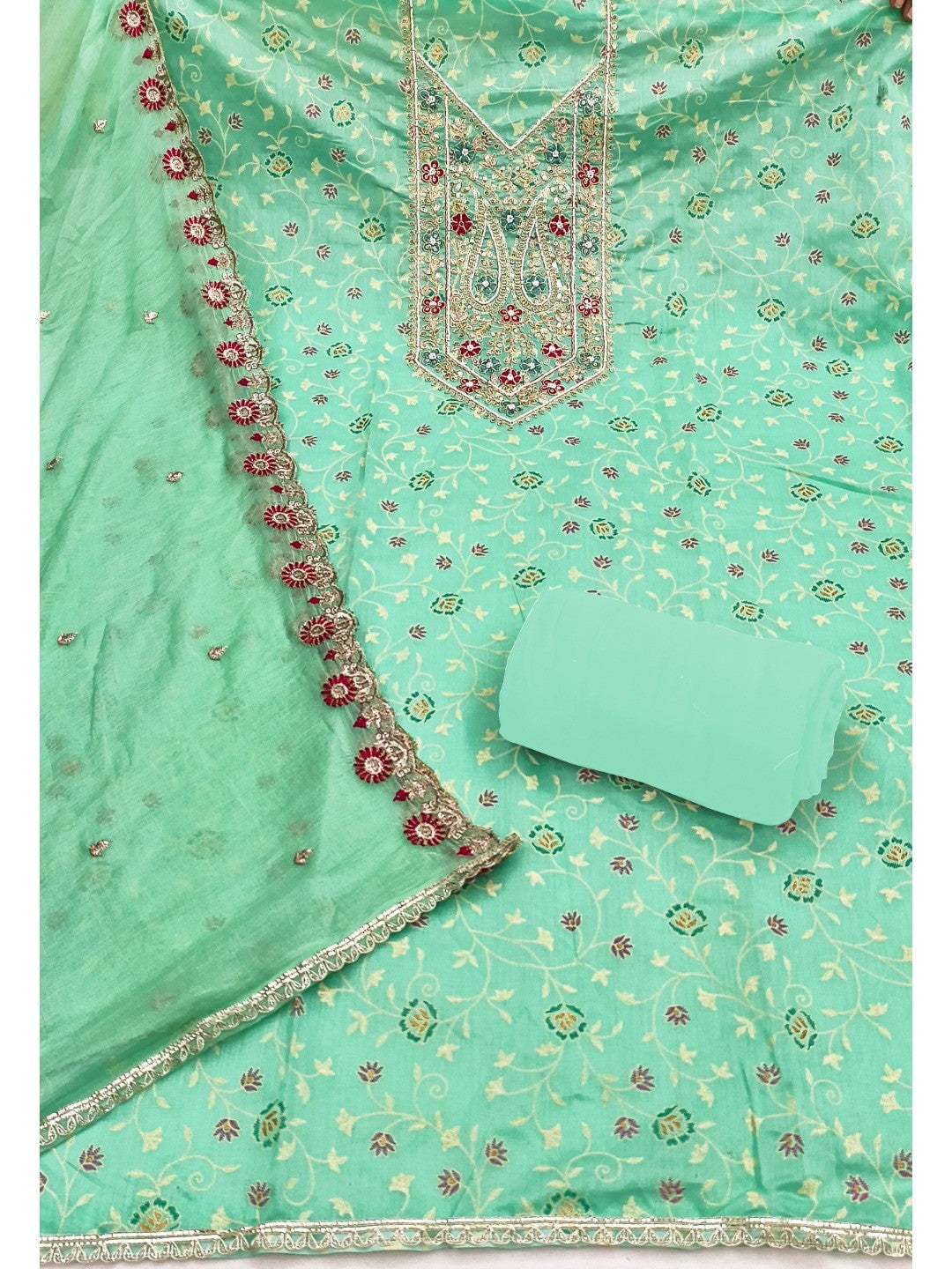 Green Chanderi Cotton Dress Material with Embroidered Dupatta - Image 3