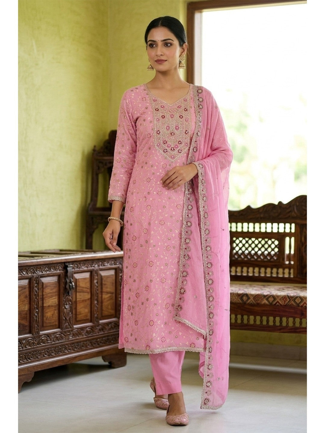 Elegant Pink Chanderi Cotton Dress Material with Embroidered Dupatta - Image 1