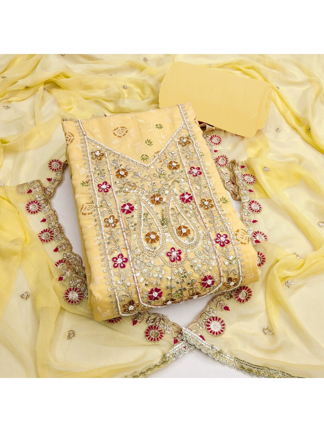 Elegant Yellow Chanderi Cotton Dress Material with Embroidery - Image 1