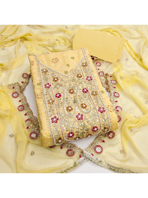 Elegant Yellow Chanderi Cotton Dress Material with Embroidery - Image 1