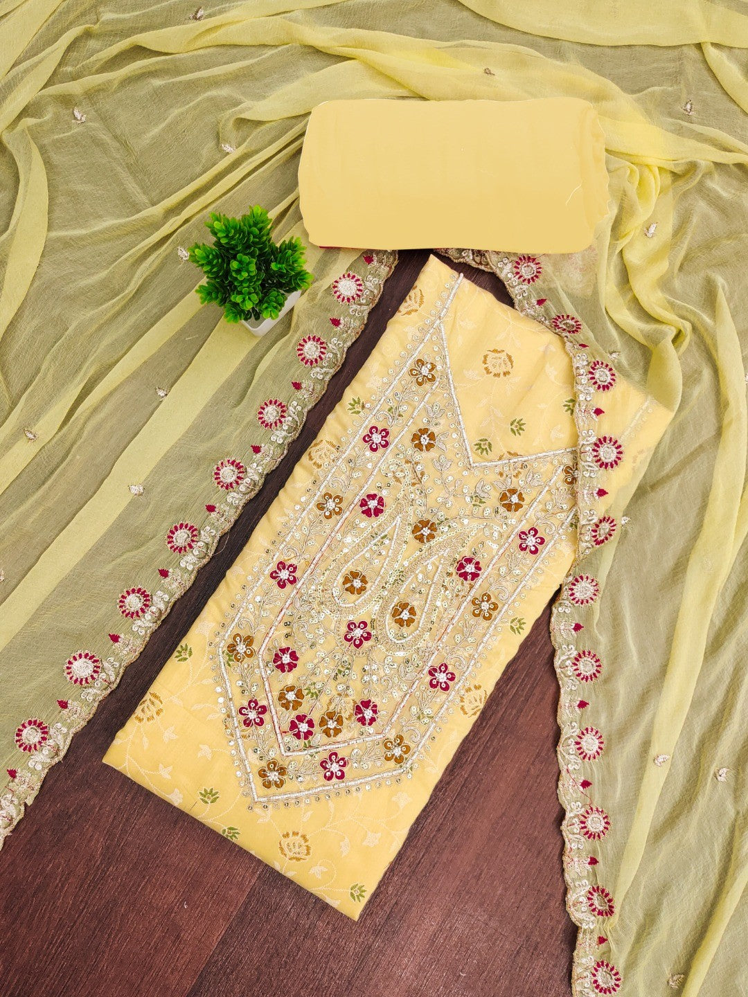 Elegant Yellow Chanderi Cotton Dress Material with Embroidery - Image 3