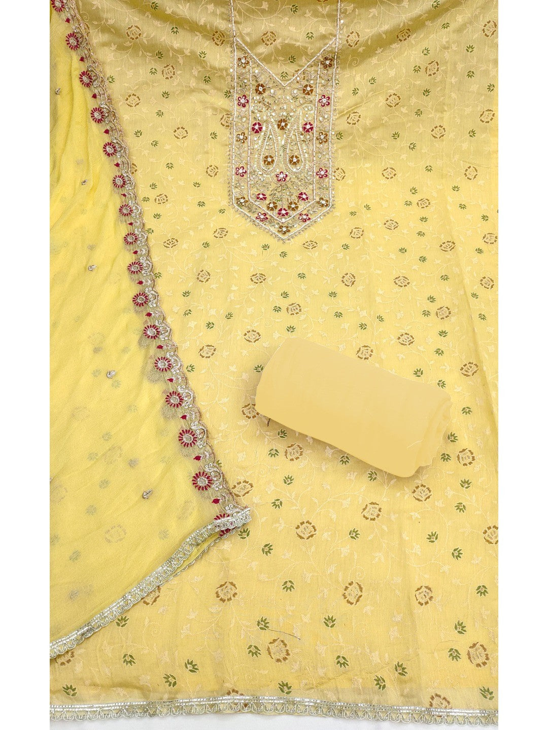 Elegant Yellow Chanderi Cotton Dress Material with Embroidery - Image 4