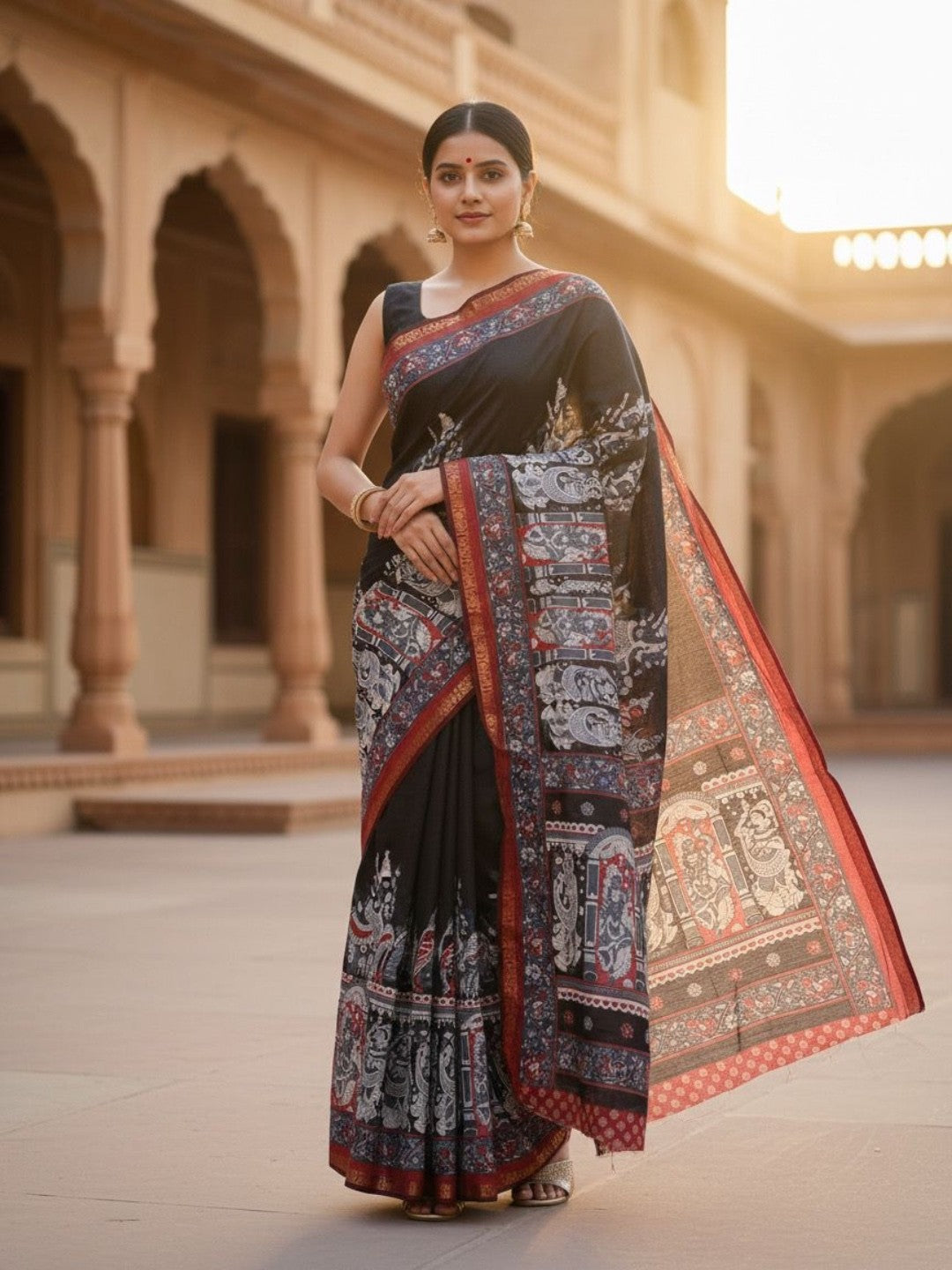Black Kalamkari Mythological Print Viscose Saree with Pink Zari Woven Border Elegance - Image 1