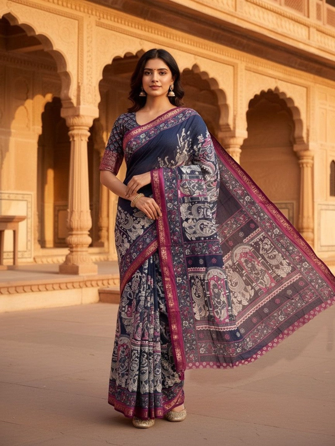 Blue Kalamkari Mythological Print Viscose Saree with Pink Zari Woven Border Elegance - Image 1