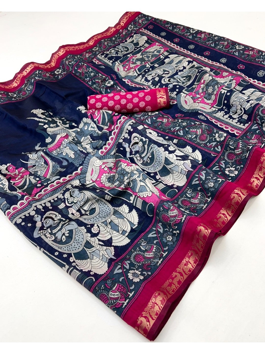 Blue Kalamkari Mythological Print Viscose Saree with Pink Zari Woven Border Elegance - Image 2