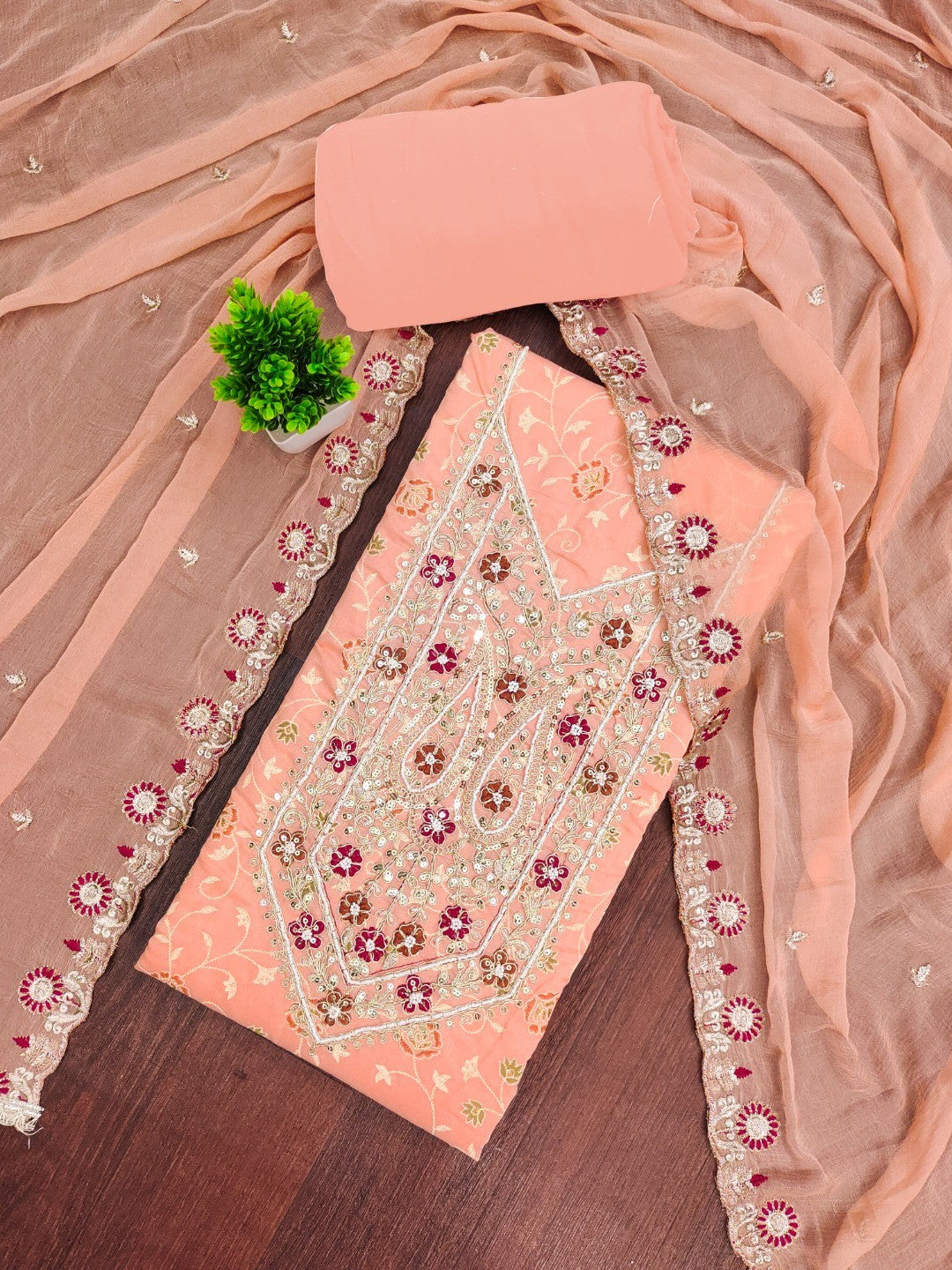 Elegant Peach Chanderi Cotton Unstitched Dress Material with Embroidery - Image 3