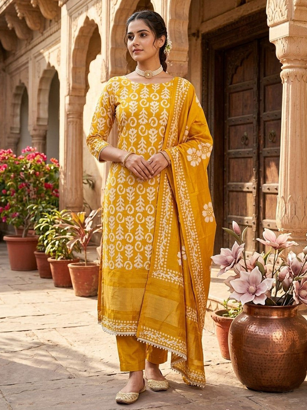 Designer Mustard Floral Zari Woven Jacquard Dress Material With Classic Ethnic Appeal - Image 2