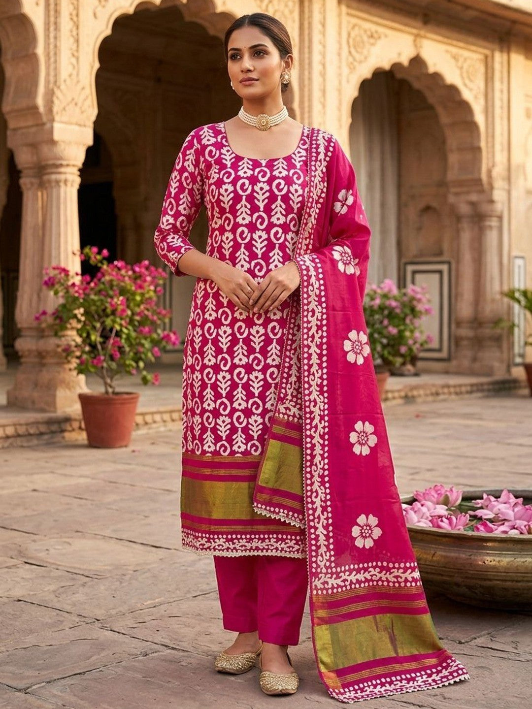 Designer Magenta Floral Zari Woven Jacquard Dress Material With Classic Ethnic Appeal - Image 2