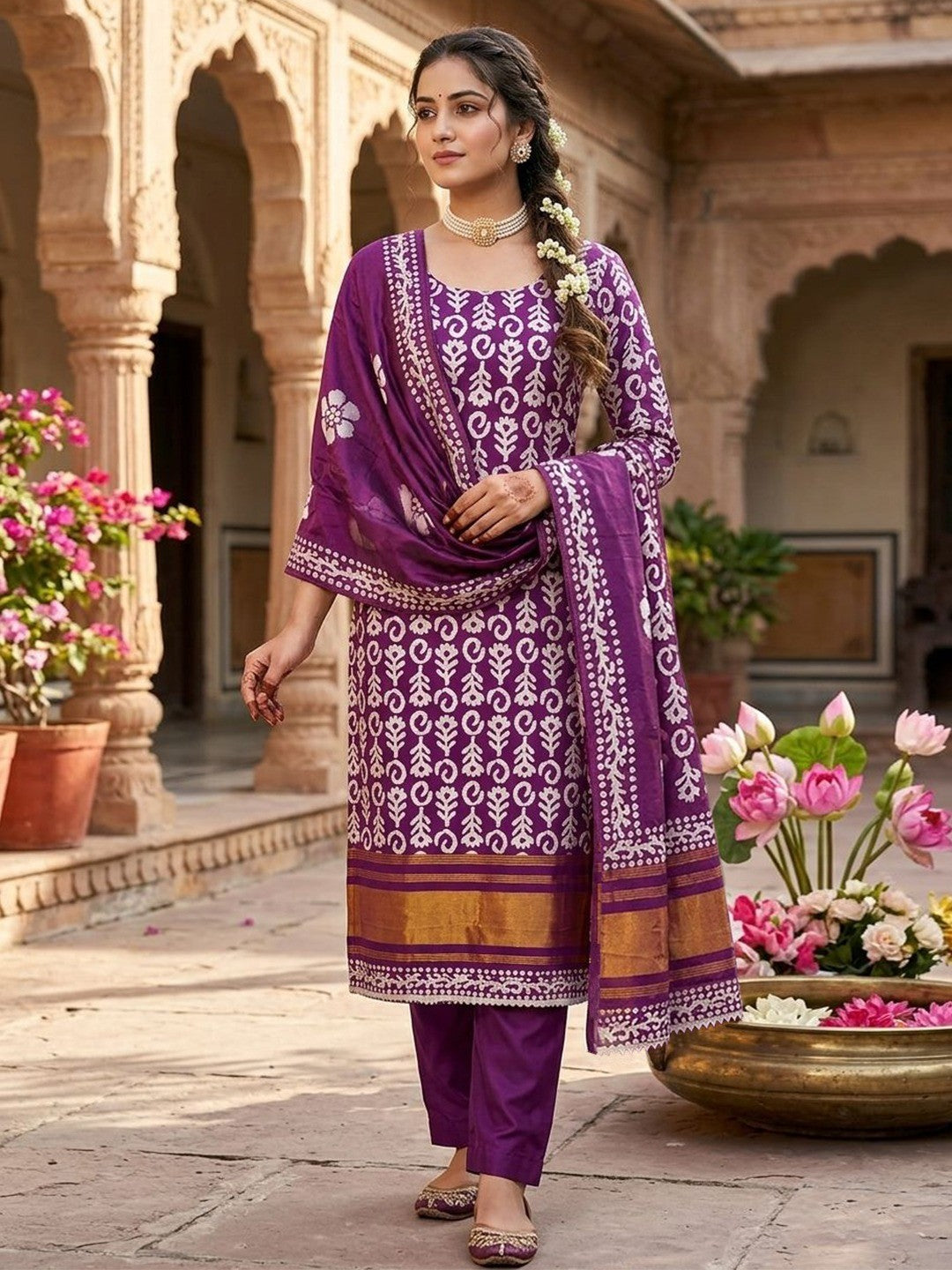 Designer Wine Floral Zari Woven Jacquard Dress Material With Classic Ethnic Appeal - Image 2