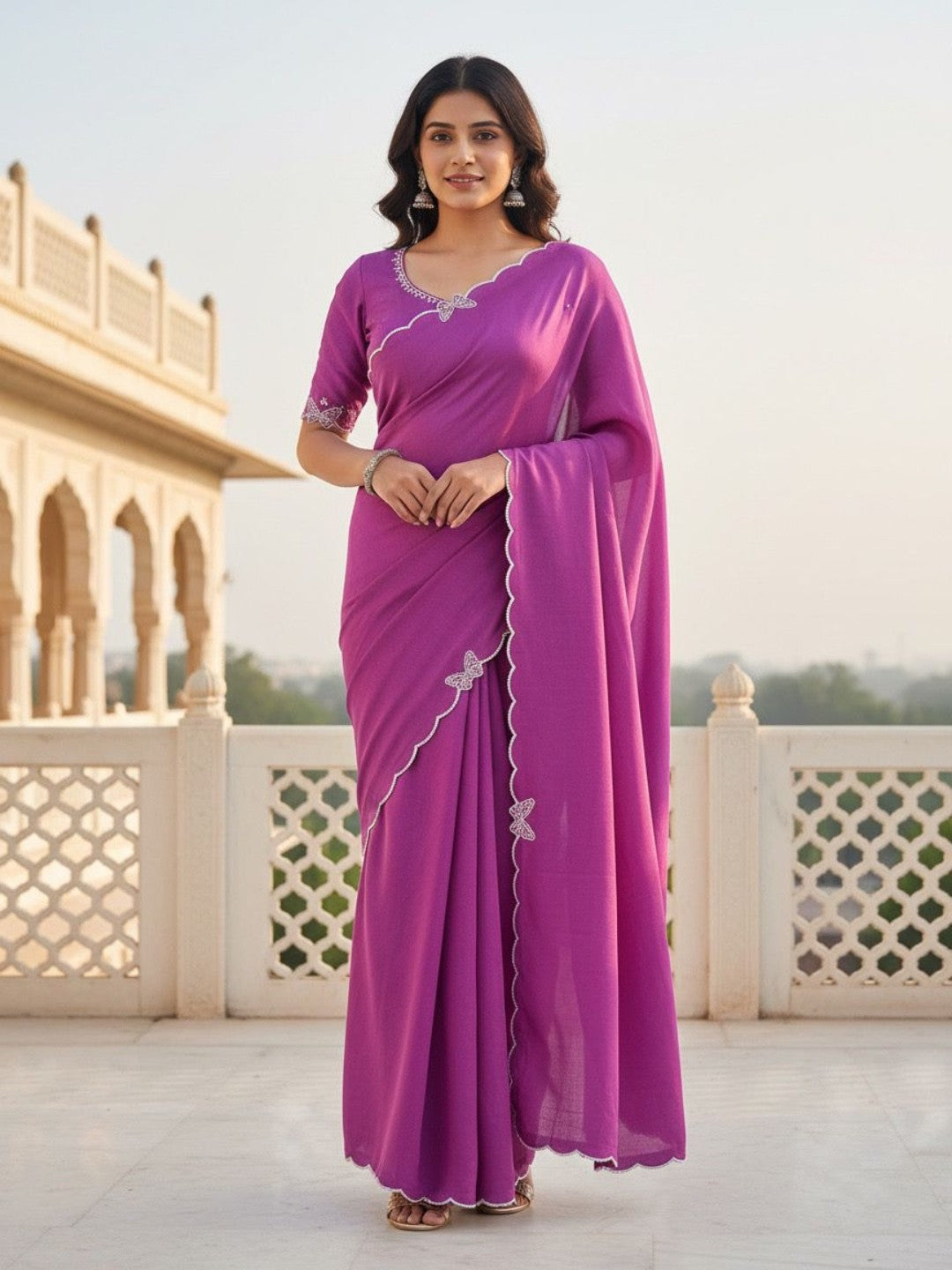 Elegant Purple Solid Chinon Saree with Swarovski & Stone Embellished Designer Work - Image 1