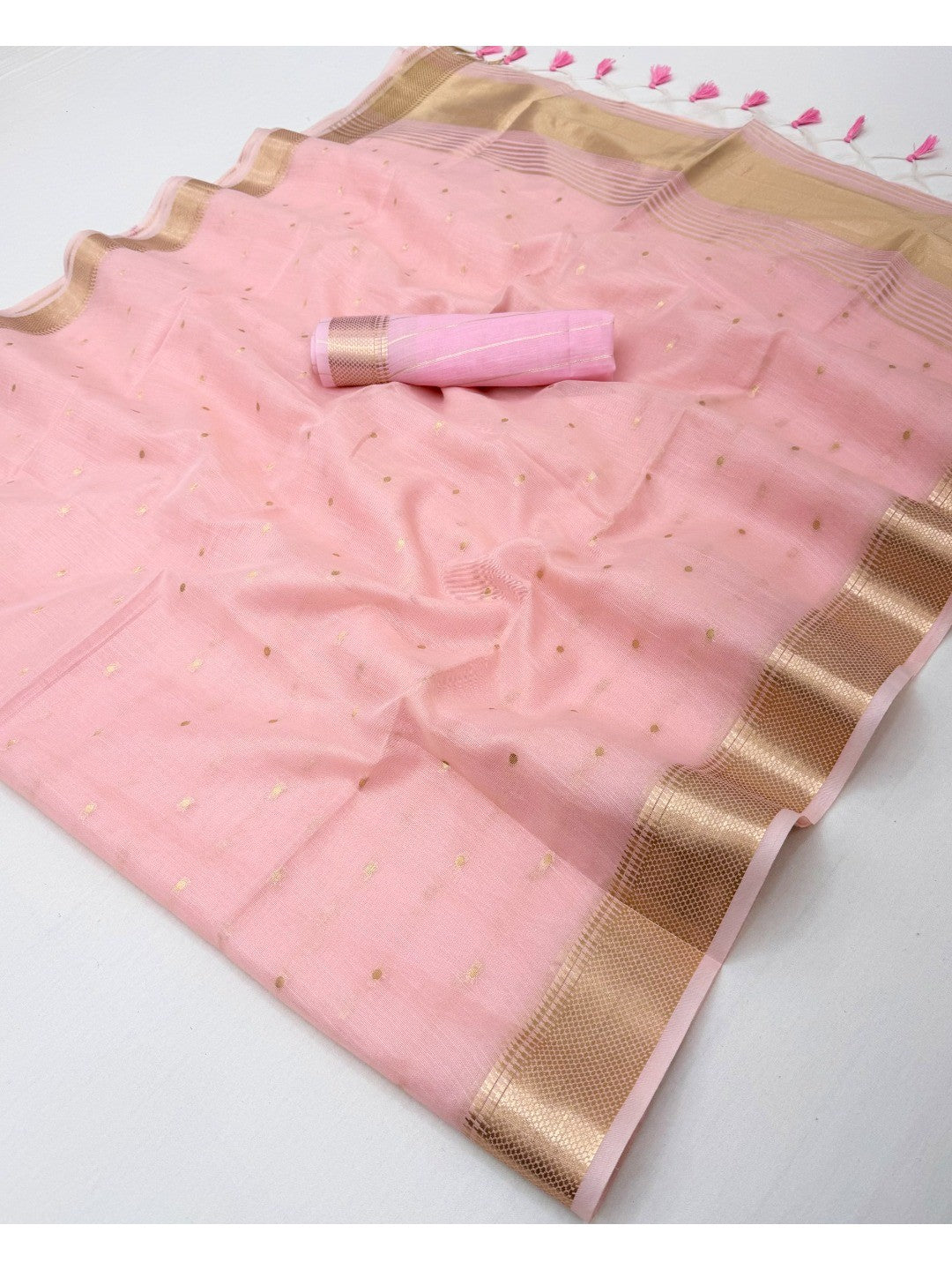Pink Tissue Saree with Golden Woven Border and Polka Dot Design - Image 3
